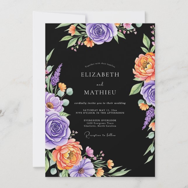 Invitación Boda dramática floral en acuarela negra (Anverso)