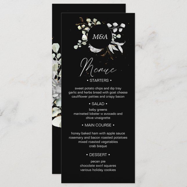Invitación boda dramático de oro plateado floral Cena Menú (Anverso / Reverso)
