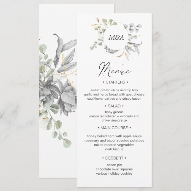 Invitación boda dramático de oro plateado floral Cena Menú (Anverso / Reverso)
