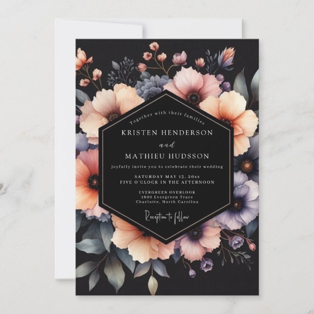 Invitación Boda dramático florecimiento carbón melocotón (Anverso)