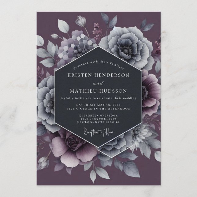 Invitación Boda Dramático Florecimiento Pizarra Ciruela (Anverso)