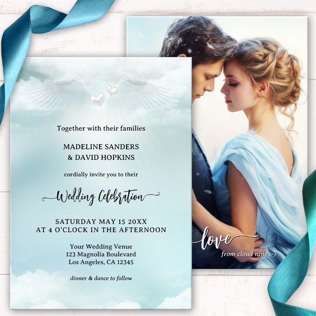 Invitación Boda Dream Cloud Nine Angel Wings (Wedding invitation featuring a romantic dream cloud nine design with angel wings. Heavenly blessings)