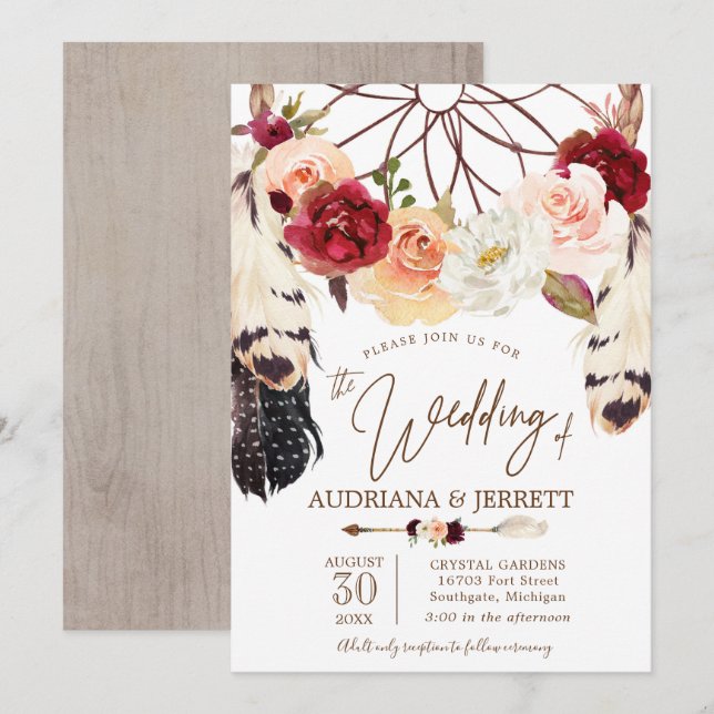 Invitación Boda Dreamcatcher Boho Rosa de Rubor y Peach (Anverso / Reverso)