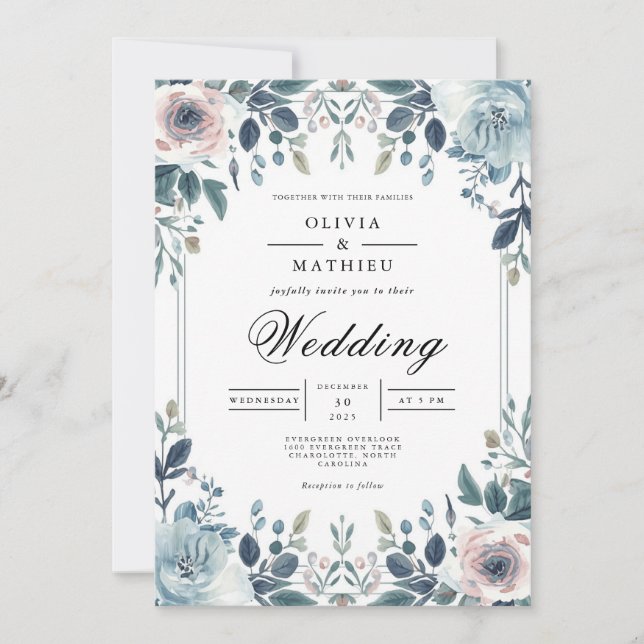 Invitación Boda Dusky Blue Botanical Floral (Anverso)