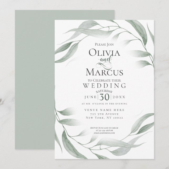Invitación Boda | Duste Green Woodland Watercolor Foliage (Anverso / Reverso)