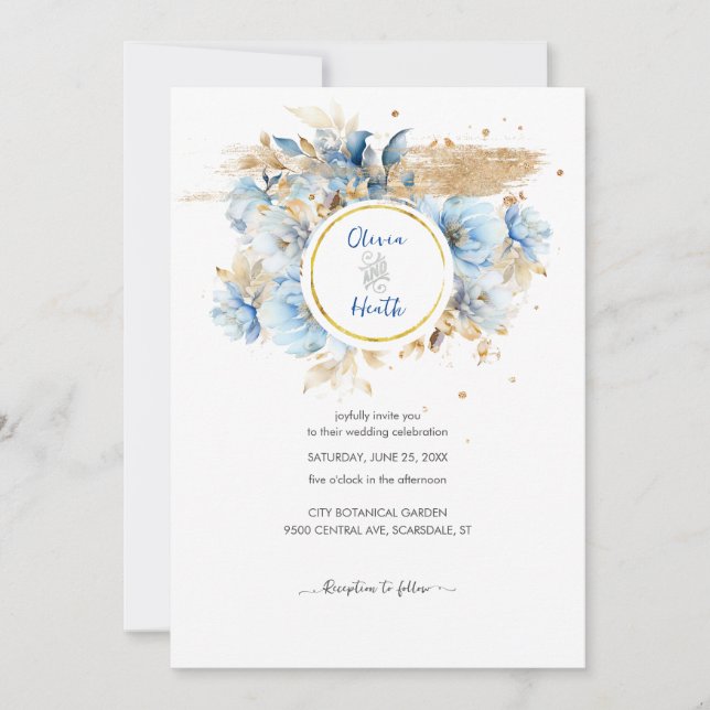 Invitación Boda Dusty Blue Floral Gold (Anverso)
