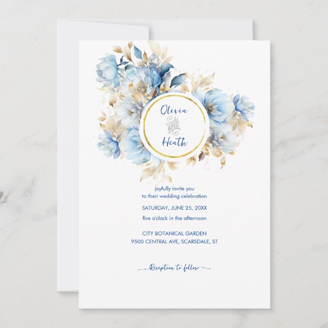 Invitación Boda Dusty Blue Floral Gold (Anverso)