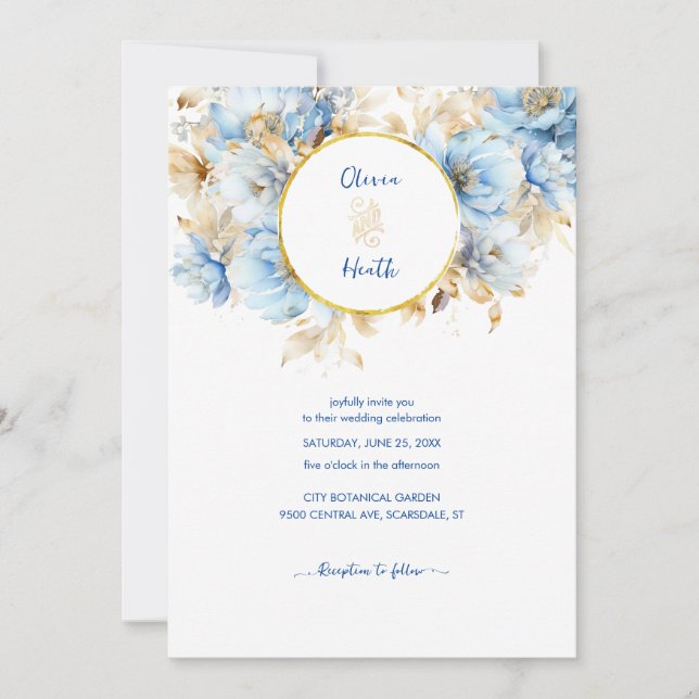 Invitación Boda Dusty Blue Floral Gold (Anverso)