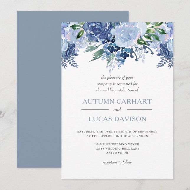 Invitación Boda Dusty Blue Floral Watercolor (Anverso / Reverso)