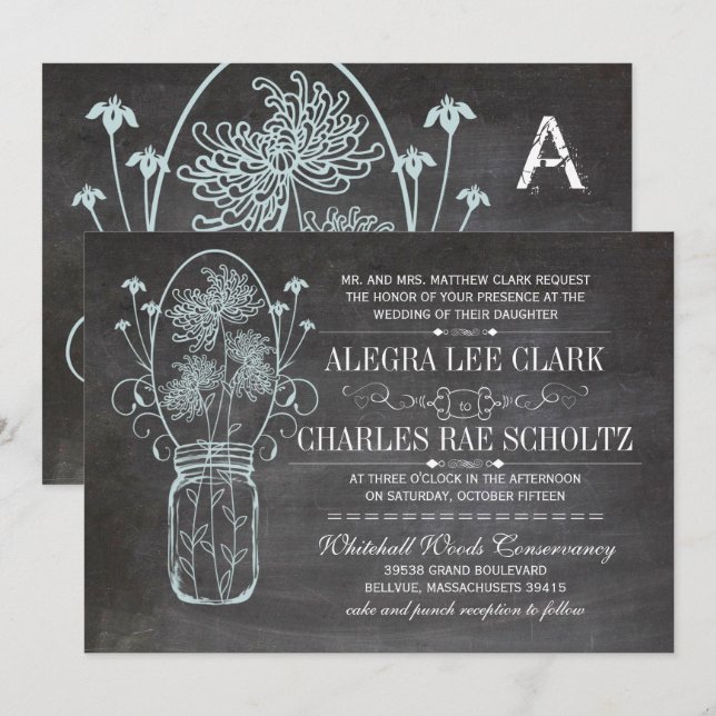 Invitación Boda Dusty Blue Mason Jar Chalkboard (Anverso / Reverso)