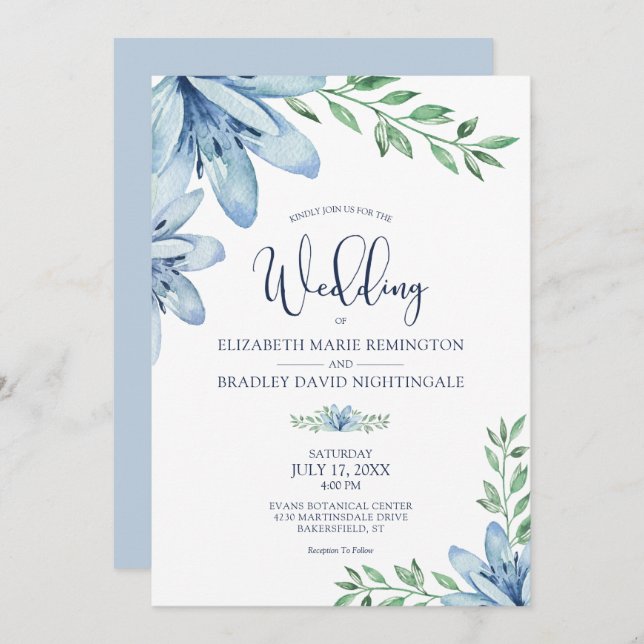 Invitación Boda Dusty Blue & Navy Blue Blooms (Anverso / Reverso)