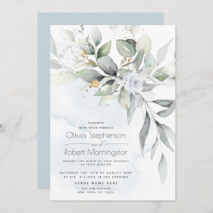 Invitación Boda Dusty Blue Rosa Woodland Greenery Boho