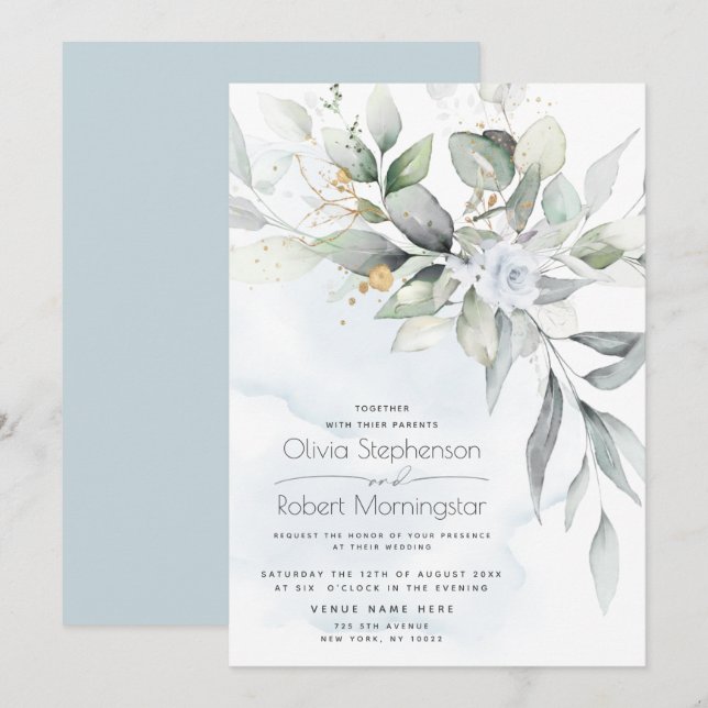 Invitación Boda | Dusty Blue Rosa Woodland Greenery Boho (Anverso / Reverso)