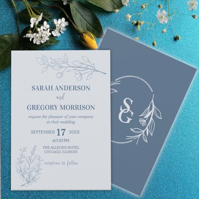 Invitación Boda Dusty Blue Simple Boho Floral Bicolor (Subido por el creador)