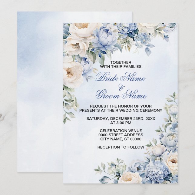 Invitación Boda Dusty Blue Watercolor Flores de marfil (Anverso / Reverso)