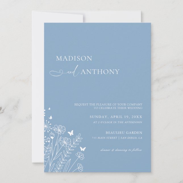 Invitación Boda Dusty Blue Wildflower minimalista (Anverso)