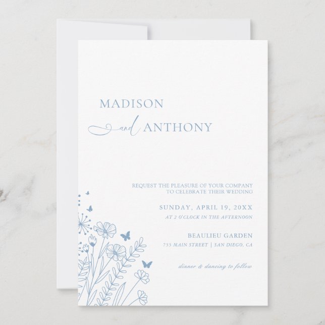 Invitación Boda Dusty Blue Wildflower minimalista (Anverso)