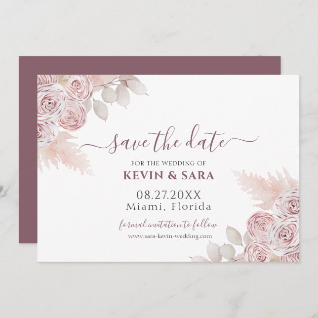 Invitación Boda Dusty Pink Floral Pastel Guardar la fecha (Anverso / Reverso)
