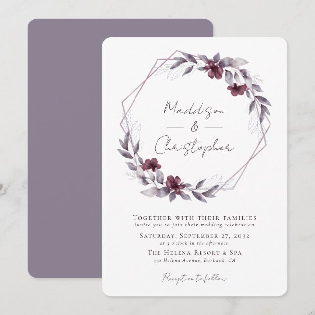 Invitación Boda Dusty Purple Floral Wreath (Anverso / Reverso)