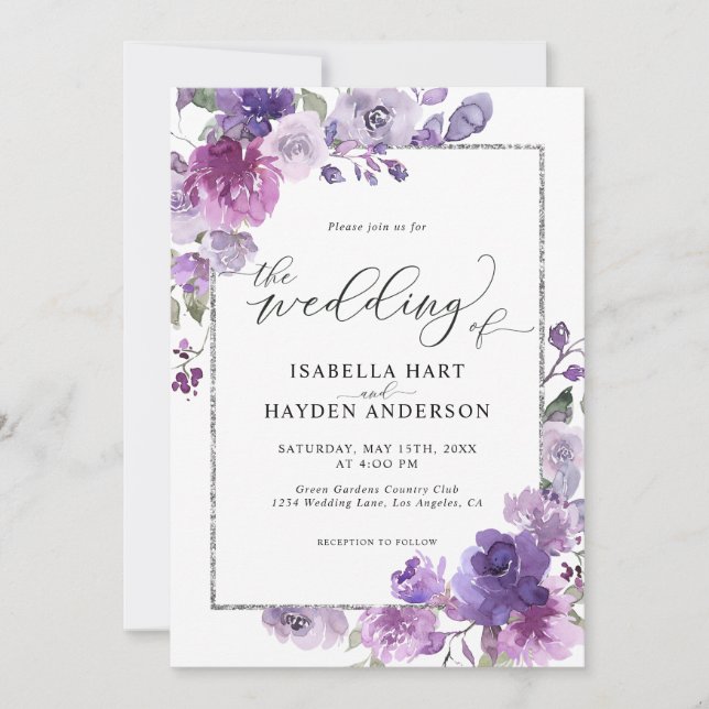 Invitación Boda Dusty Purple Mauve Lilac Floral SilverFoil (Anverso)