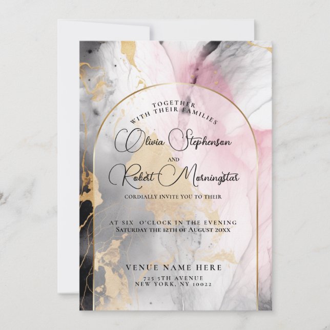 Invitación BODA | Ebony Rosa y oro Abstract Marble (Anverso)