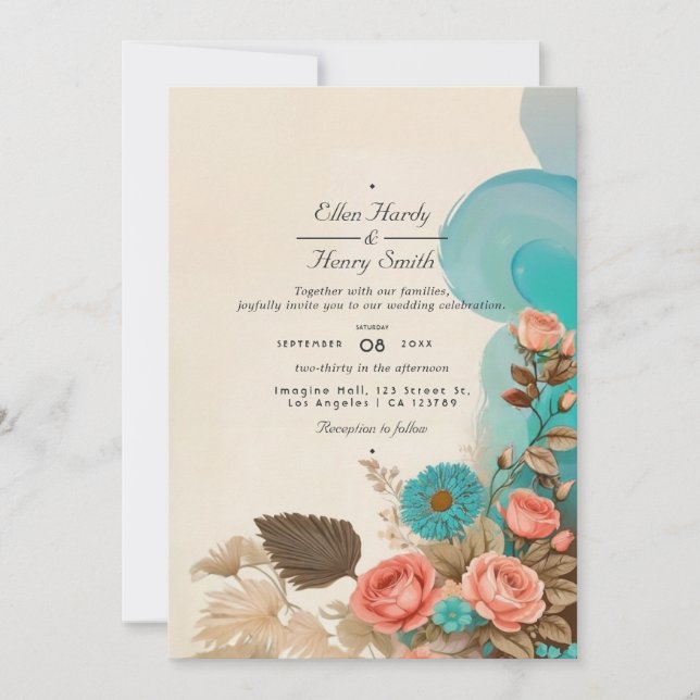 Invitación Boda Ecológica en Playa de Blues Tropicales y Verd (Anverso)