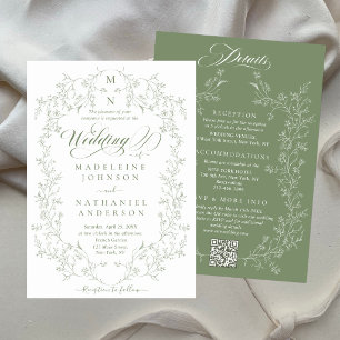 Invitación Boda Económica con Marco Floral Francés Verde y Le