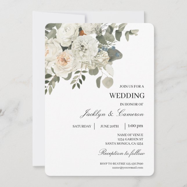 Invitación Boda editable con flor blanca (Anverso)