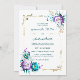 Invitación Boda editable de oro Verde azulado y púrpura