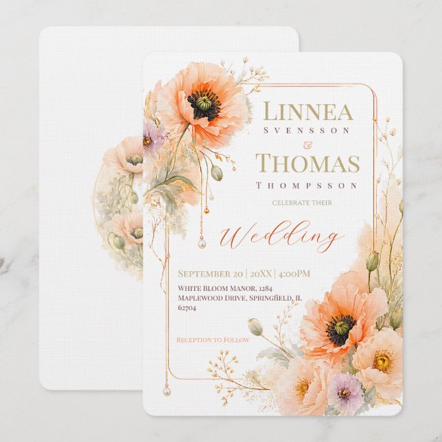 Invitación Boda Editorial Elegante Amapola Rosa Suave (Anverso / Reverso)