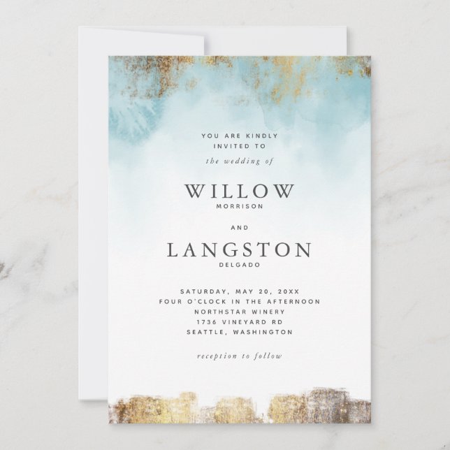 Invitación Boda Eéthéal Blue Watercolor y Gold (Anverso)