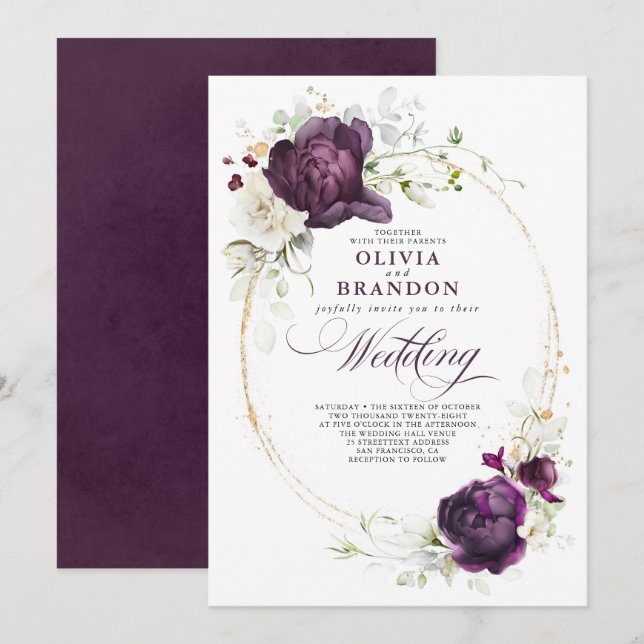 Invitación Boda Eggplant Morado y Floral Blanco Boho (Anverso / Reverso)