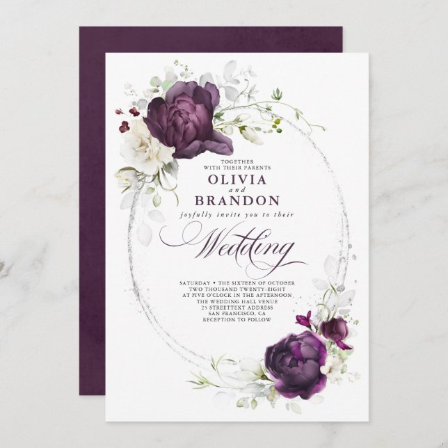 Invitación Boda Eggplant Morado y Floral Blanco Boho (Anverso / Reverso)