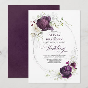 Invitación Boda Eggplant Morado y Floral Blanco Boho