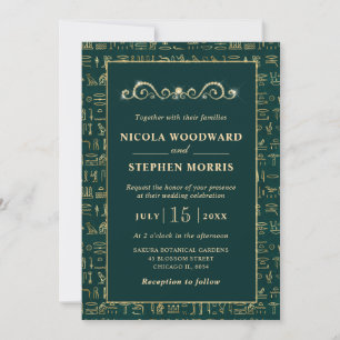 Invitación Boda Egipcia con Jeroglíficos Elegantes de Verde y