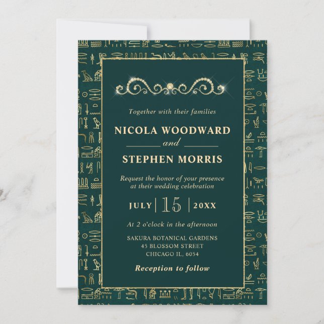 Invitación Boda Egipcia con Jeroglíficos Elegantes de Verde y (Anverso)