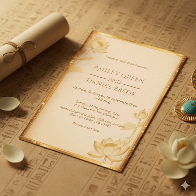 Invitación Boda egipcio de lujo del antiguo Papyrus Gold Lotu (Subido por el creador)