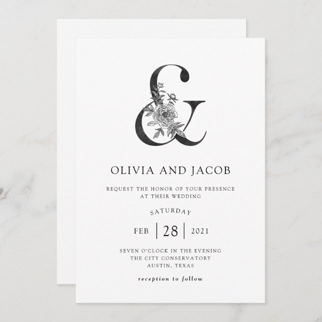 Invitación Boda el | blanco y negro floral moderna del signo (Anverso / Reverso)