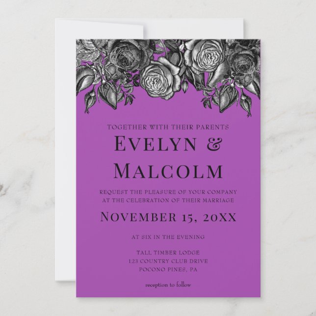 Invitación Boda Electric Purple de rosas negras y blancas (Anverso)