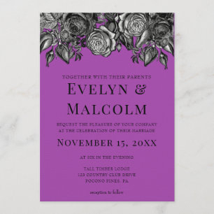 Invitación Boda Electric Purple de rosas negras y blancas