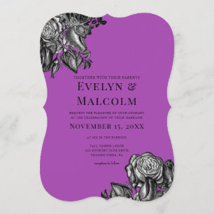 Invitación Boda Electric Purple de rosas negras y blancas