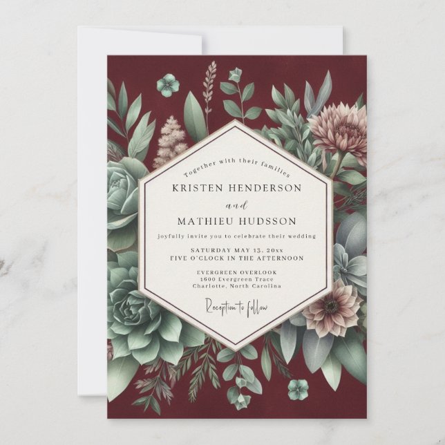 Invitación Boda Elegancia Botánica Borgoña (Anverso)