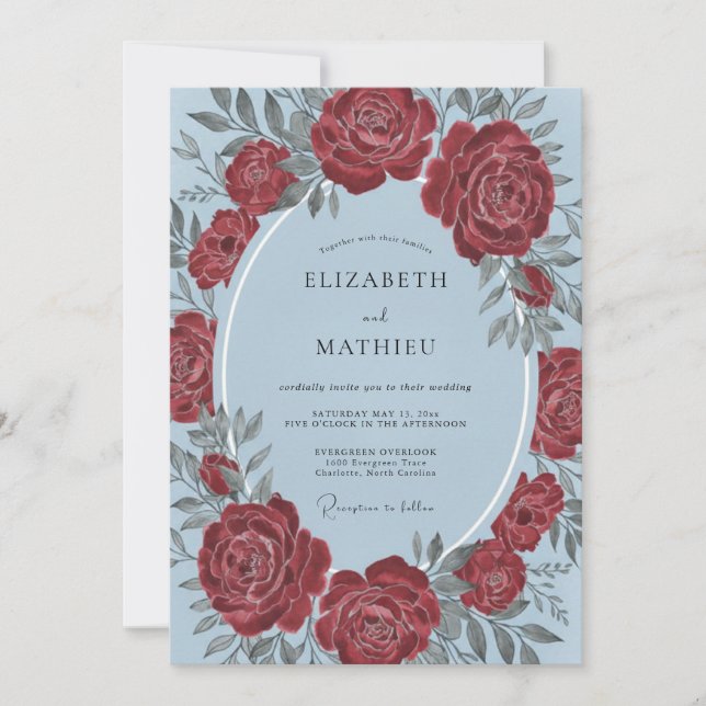 Invitación Boda Elegancia Botánica Rosa Borgoña (Anverso)