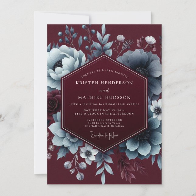 Invitación Boda Elegancia Flor Burgundy Moody (Anverso)