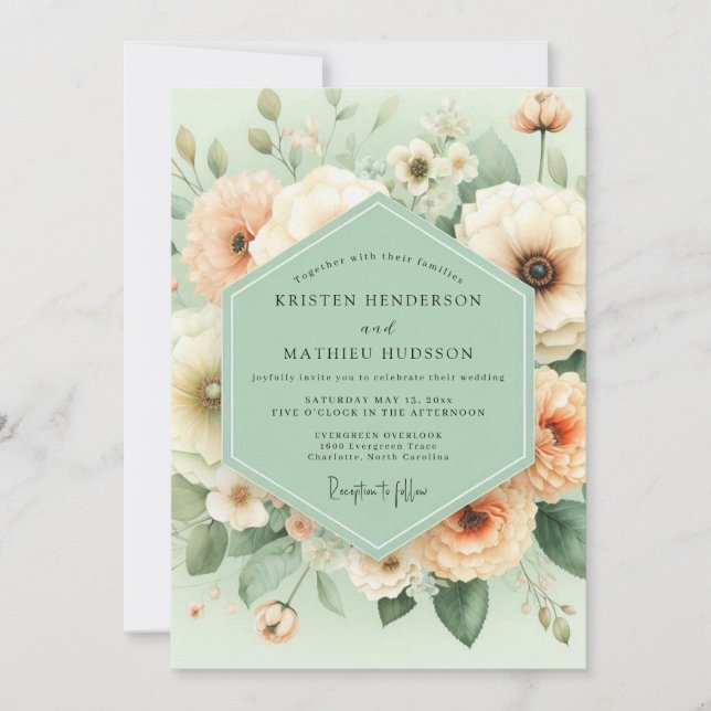 Invitación Boda Elegancia Flor de Melocotón Menta (Anverso)