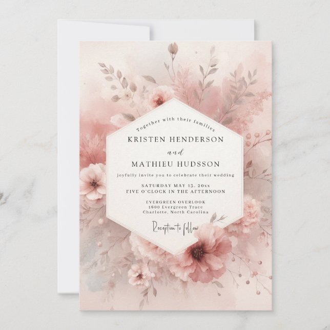 Invitación Boda Elegancia Flor Rosa Polvorienta (Anverso)