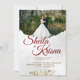 Invitación Boda Elegancia Gris Floral Granate con Foto