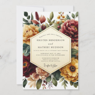 Invitación Boda Elegancia Otoñal Floral Borgoña