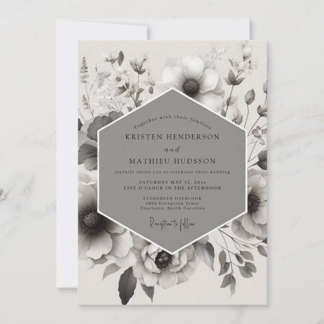 Invitación Boda Elegancia Romántica Flor Gris (Anverso)