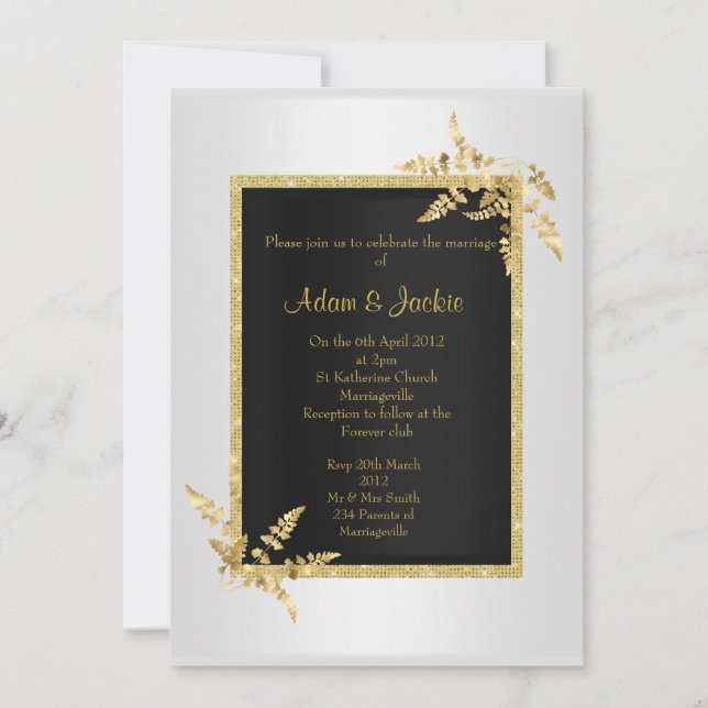 Invitación Boda ELEGANT CLASSY de la hoja de oro negro platea (Anverso)